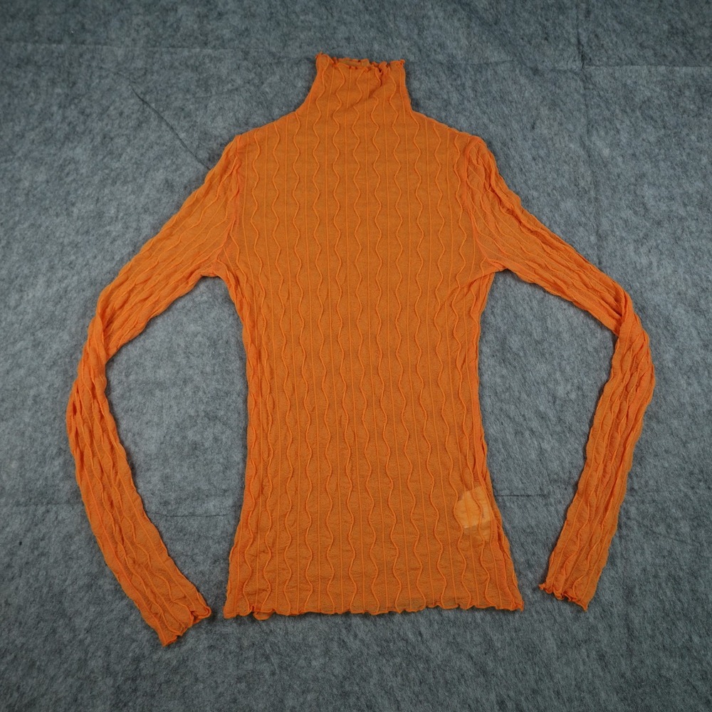 Find Me Now Top Women Small Orange Ross Mock Neck Textured Mesh Sheer Lettuce‎